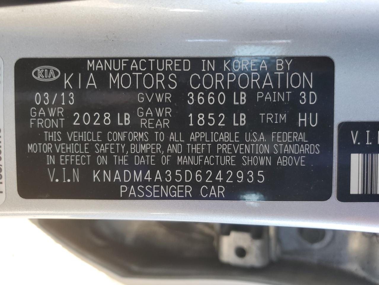 2013 KIA Rio VIN KNADM4A35D6242935 Copart auction photo, normal wear damage thumbnail 12