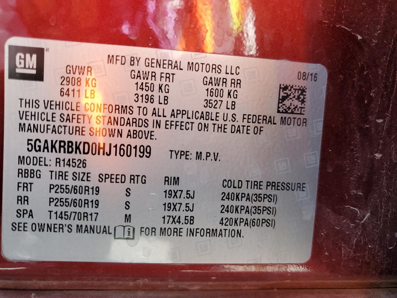 2017 Buick Enclave VIN 5GAKRBKD0HJ160199 Copart auction photo, minor dent/scratches damage thumbnail 13
