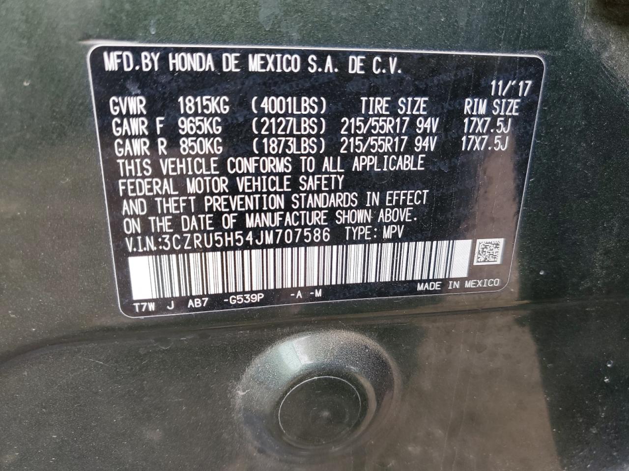 2018 Honda HR-V VIN 3CZRU5H54JM707586 Copart auction photo, front end / minor dent/scratches damage thumbnail 14