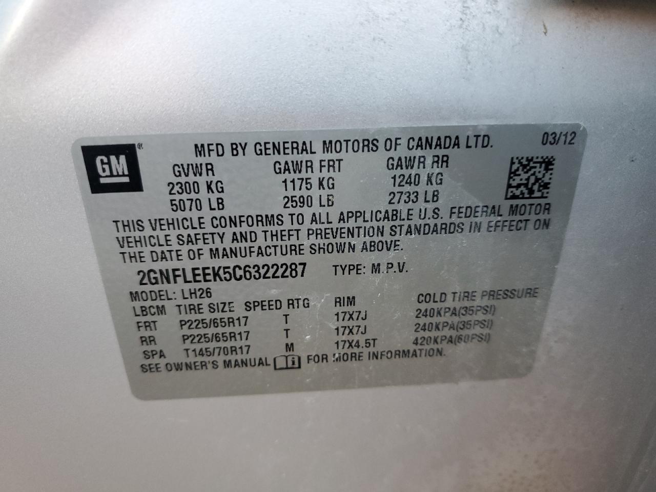 2012 Chevrolet Equinox VIN 2GNFLEEK5C6322287 Copart auction photo, side damage thumbnail 13