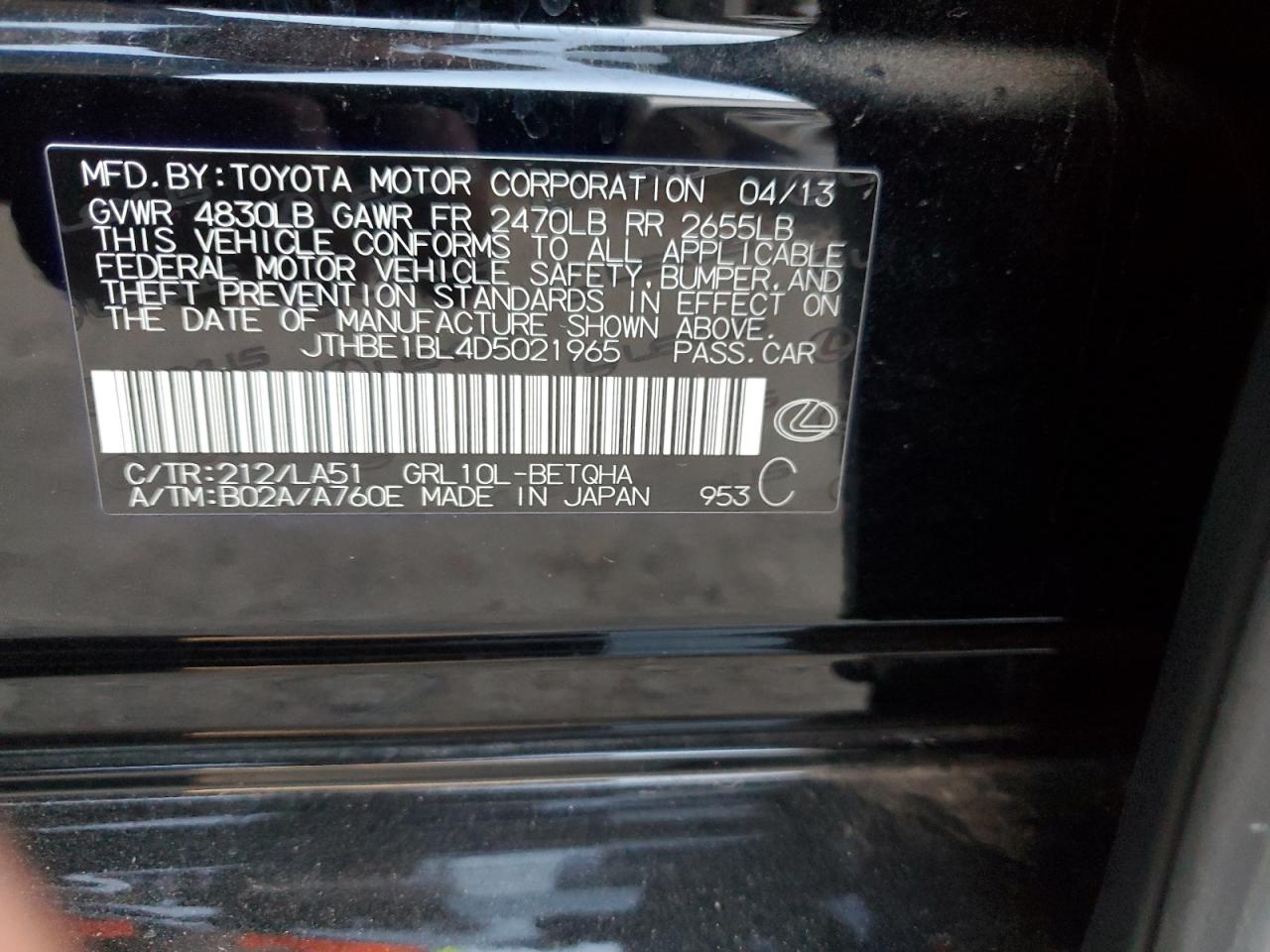 2013 Lexus GS VIN JTHBE1BL4D5021965 Copart auction photo, front end damage thumbnail 12