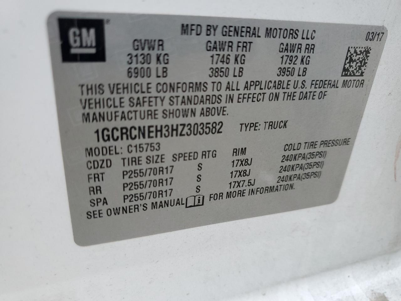 2017 Chevrolet Silverado VIN 1GCRCNEH3HZ303582 Copart auction photo, undercarriage damage thumbnail 12