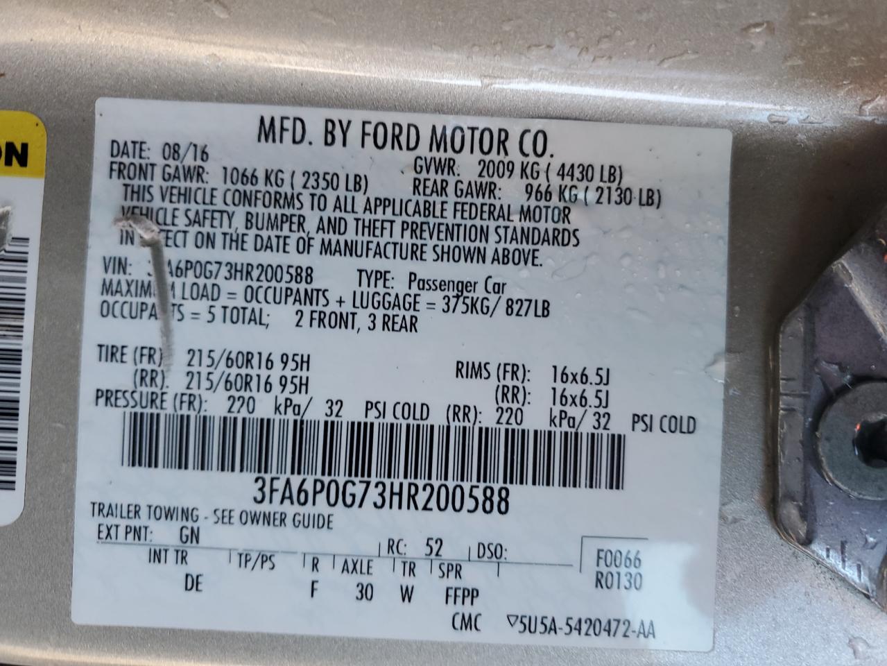2017 Ford Fusion VIN 3FA6P0G73HR200588 Copart auction photo, all over damage thumbnail 12