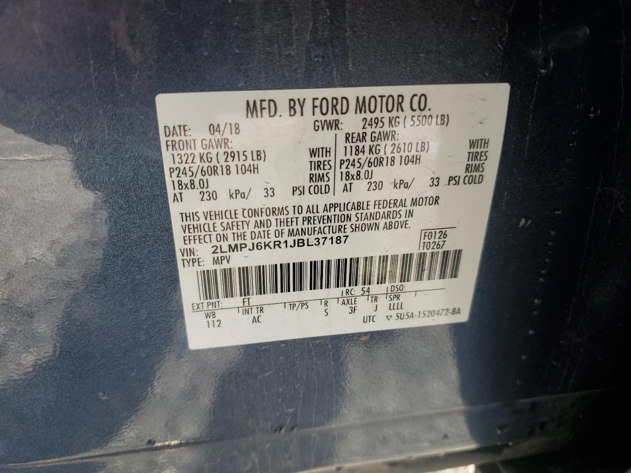 2018 Lincoln MKX VIN 2LMPJ6KR1JBL37187 Copart auction photo, front end damage thumbnail 13