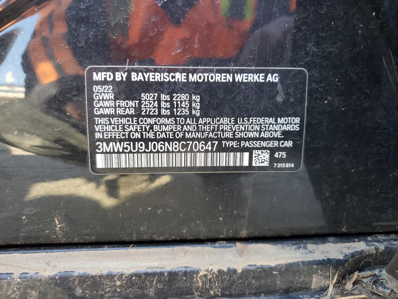 2022 BMW M3 VIN 3MW5U9J06N8C70647 Copart auction photo, water/flood damage thumbnail 13