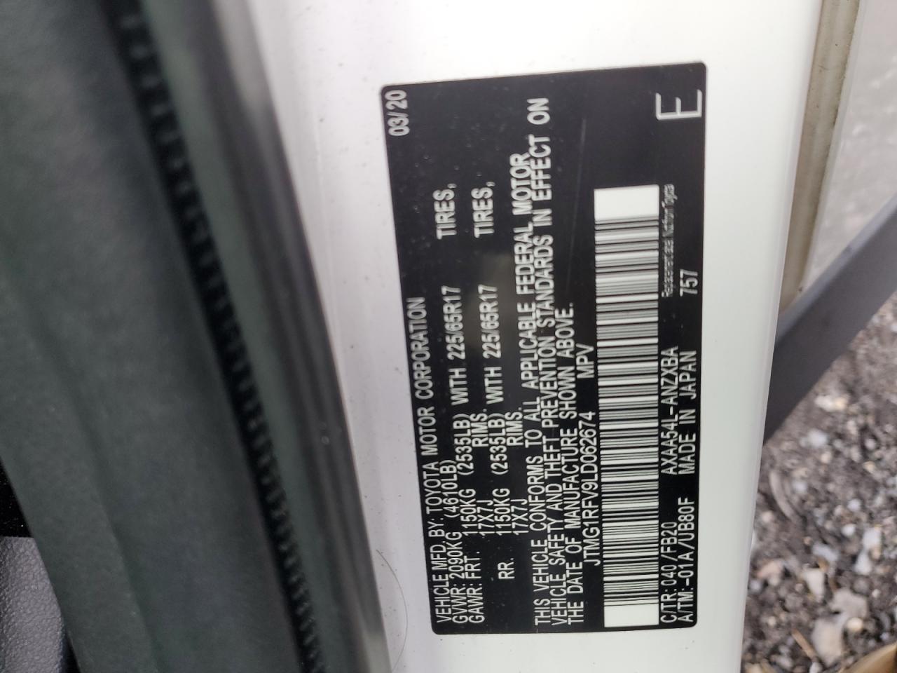 2020 Toyota RAV 4 VIN JTMG1RFV9LD062674 Copart auction photo, all over / side damage thumbnail 13