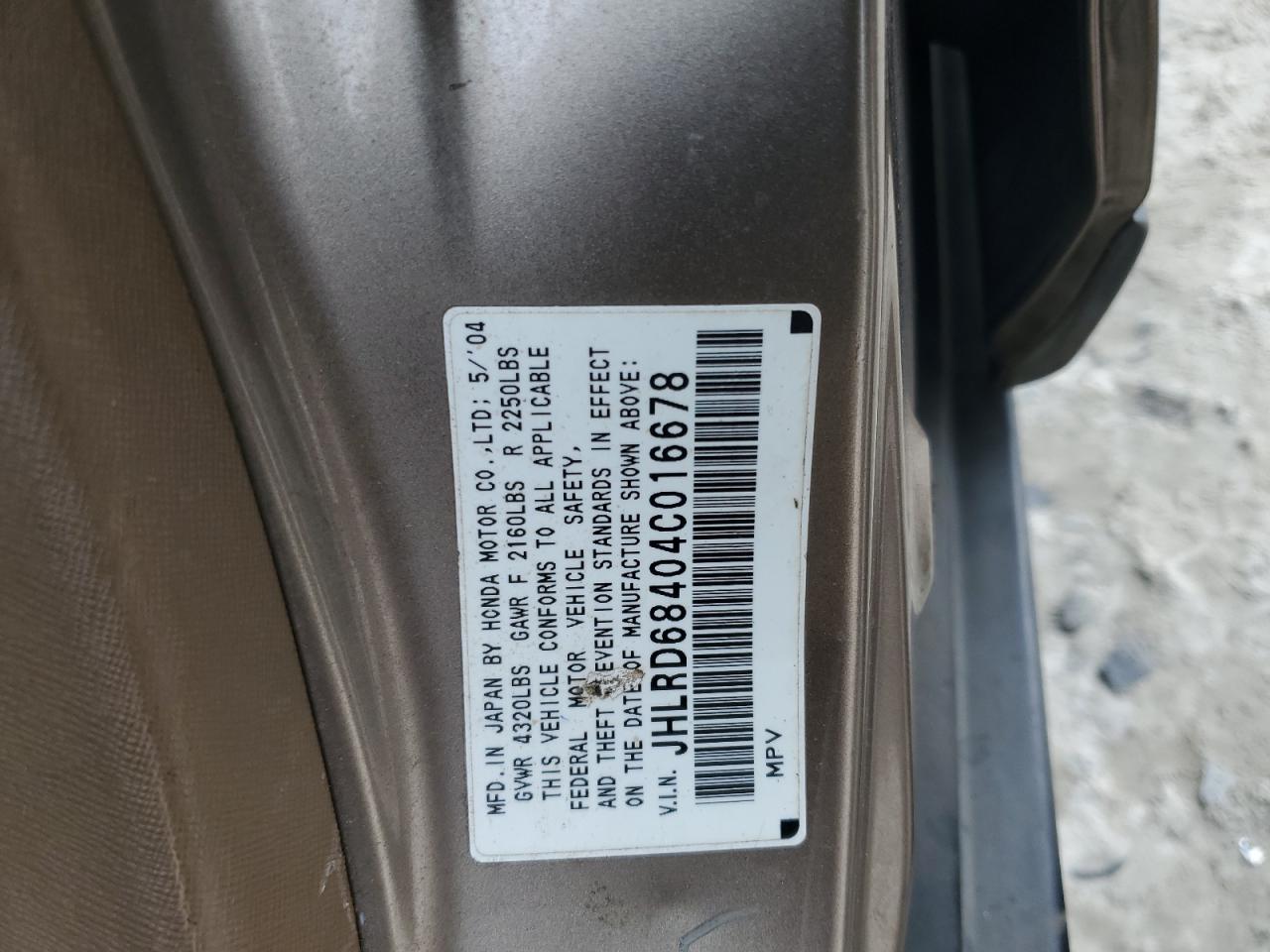 2004 Honda CR-V VIN JHLRD68404C016678 Copart auction photo, front end / rear end damage thumbnail 13