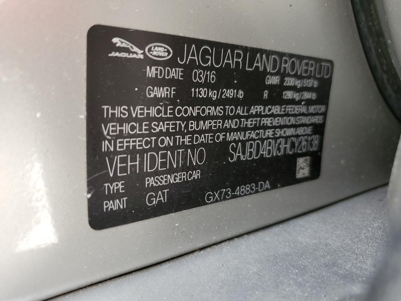 2017 Jaguar XF VIN SAJBD4BV3HCY26138 Copart auction photo, front end damage thumbnail 12