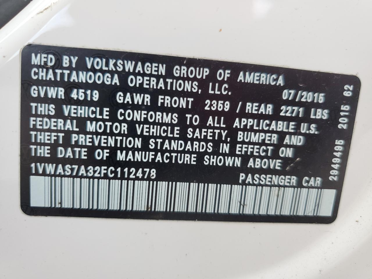 2015 Volkswagen Passat VIN 1VWAS7A32FC112478 Copart auction photo, rear end damage thumbnail 14