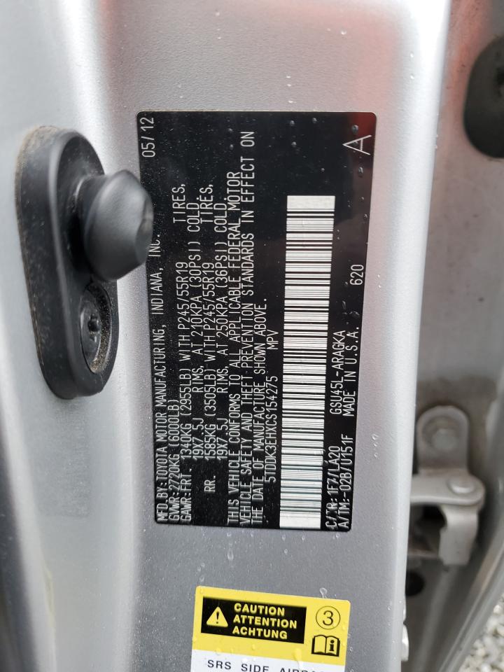 2012 Toyota Highlander VIN 5TDDK3EHXCS154275 Copart auction photo, unknown damage thumbnail 13
