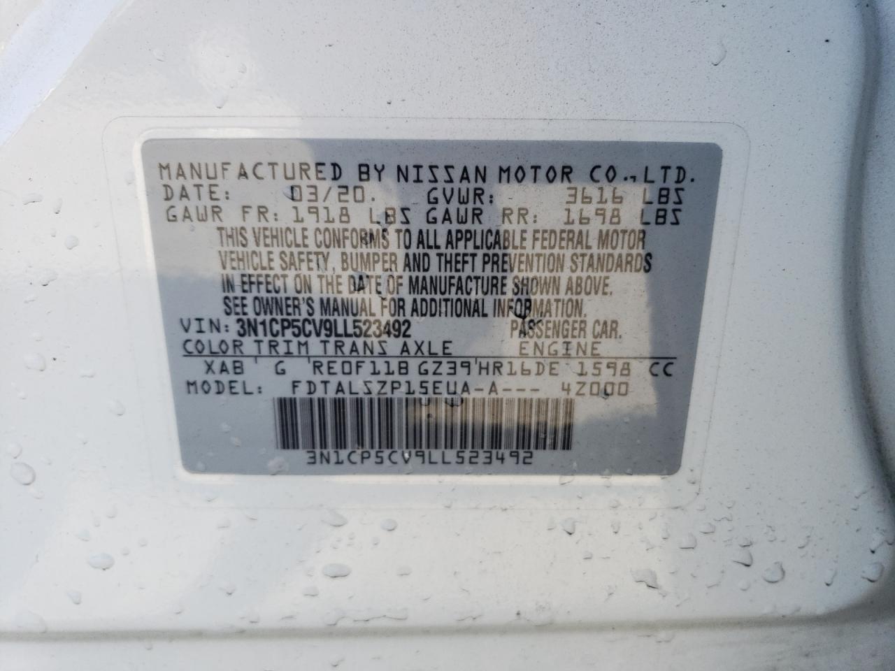 2020 Nissan Kicks VIN 3N1CP5CV9LL523492 Copart auction photo, side / front end damage thumbnail 14