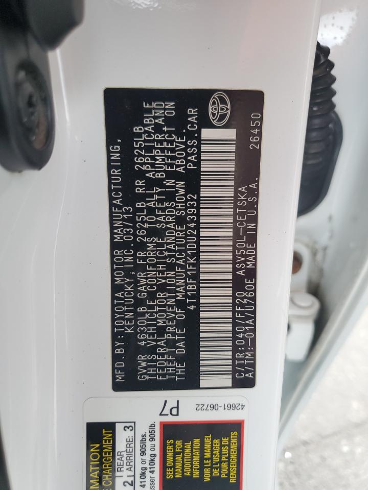 2013 Toyota Camry VIN 4T1BF1FK1DU243932 Copart auction photo, front end damage thumbnail 12