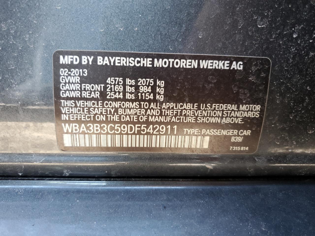 2013 BMW 3er VIN WBA3B3C59DF542911 Copart auction photo, rear end / front end damage thumbnail 12