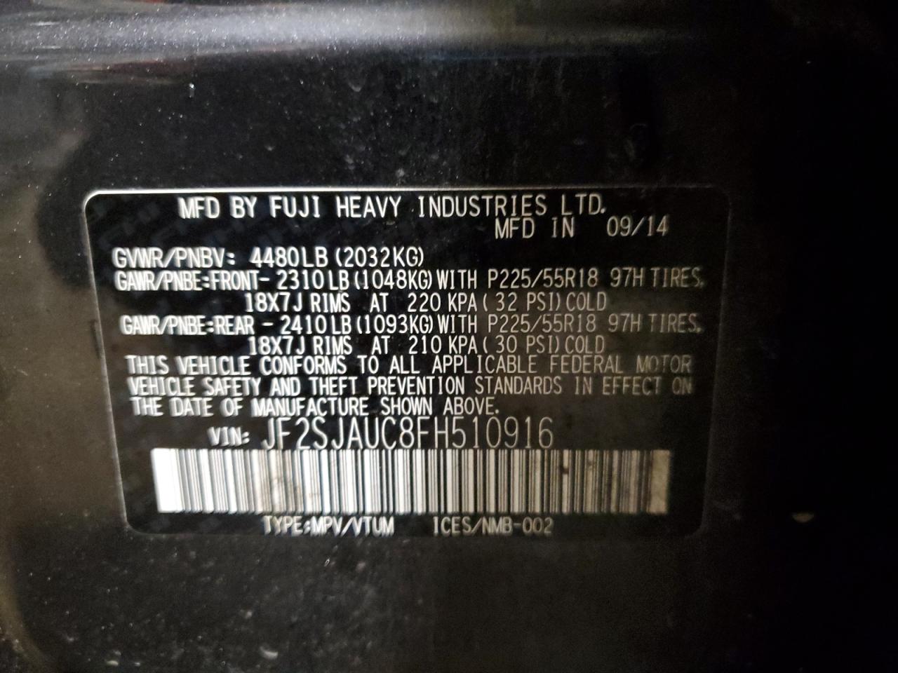2015 Subaru Forester VIN JF2SJAUC8FH510916 Copart auction photo, front end / rear end damage thumbnail 13