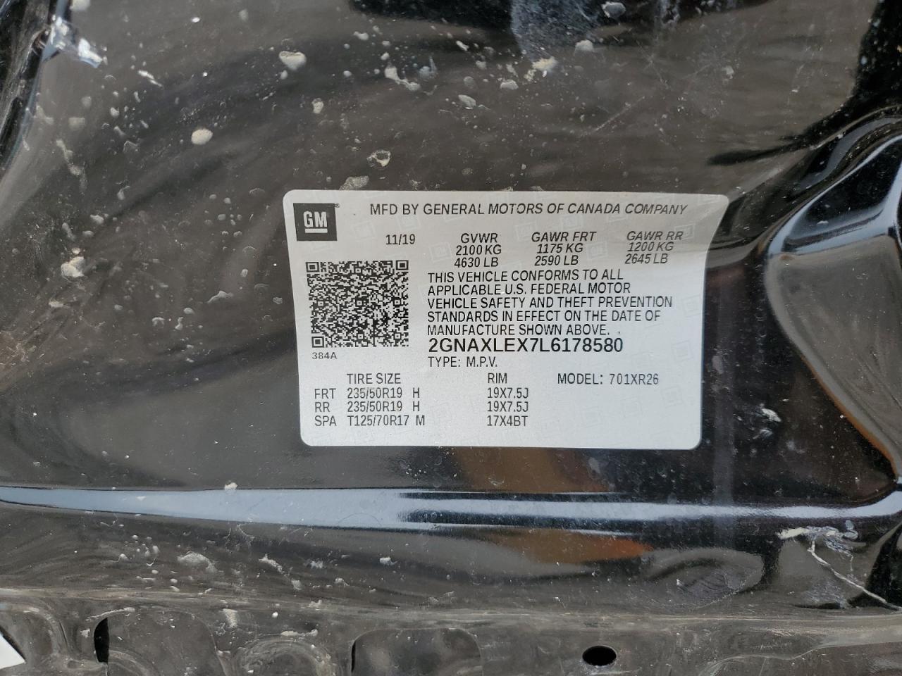 2020 Chevrolet Equinox VIN 2GNAXLEX7L6178580 Copart auction photo, all over damage thumbnail 13