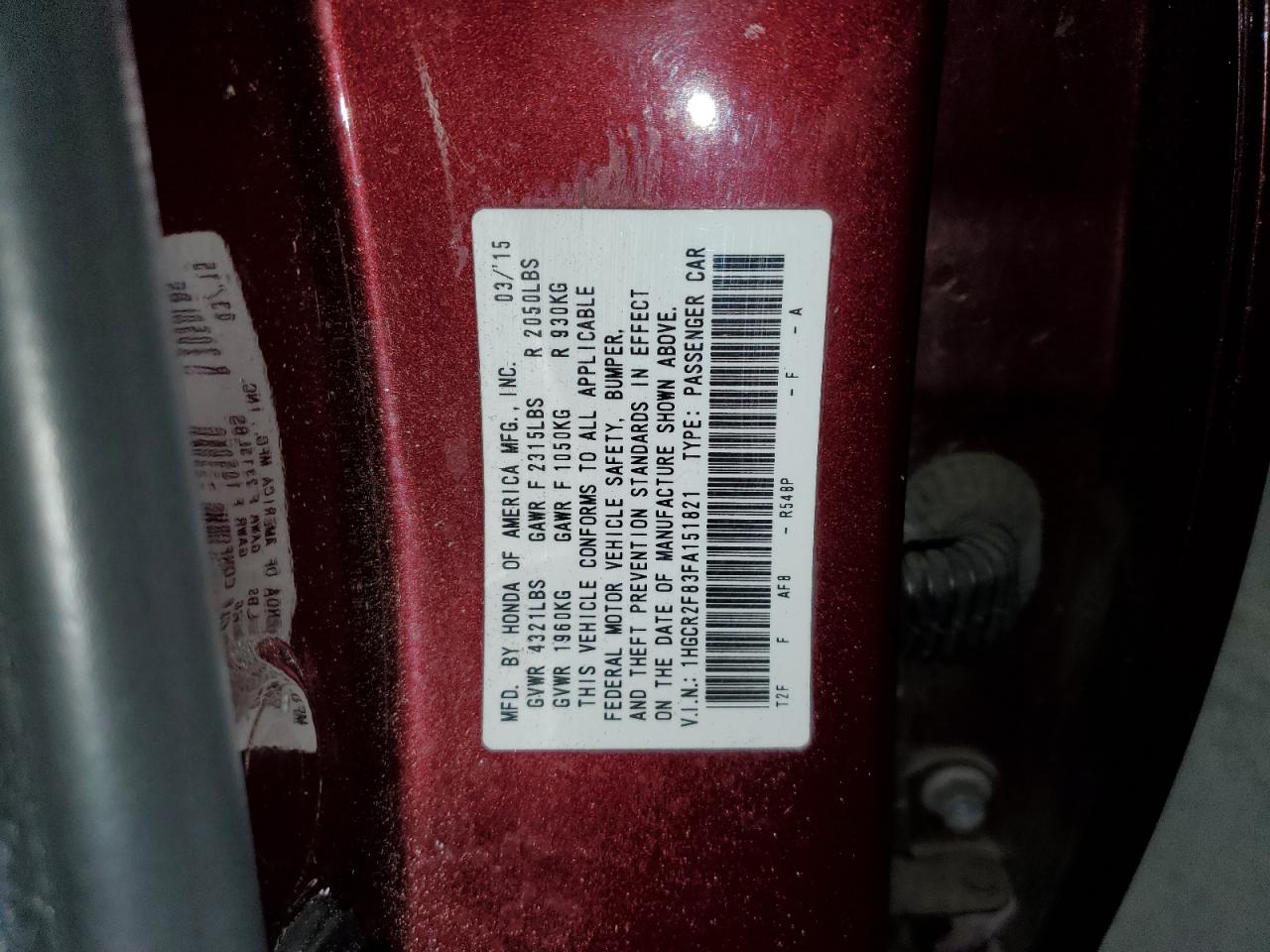2015 Honda Accord VIN 1HGCR2F83FA151821 Copart auction photo, vandalism damage thumbnail 14