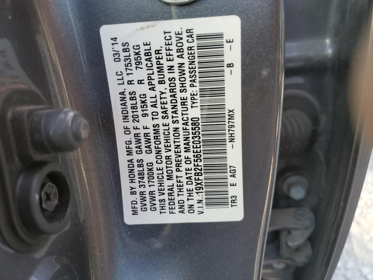 2014 Honda Civic VIN 19XFB2F56EE035580 Copart auction photo, front end / minor dent/scratches damage thumbnail 12