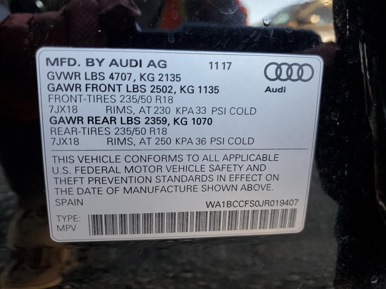 2018 Audi Q3 VIN WA1BCCFS0JR019407 Copart auction photo, front end damage thumbnail 16
