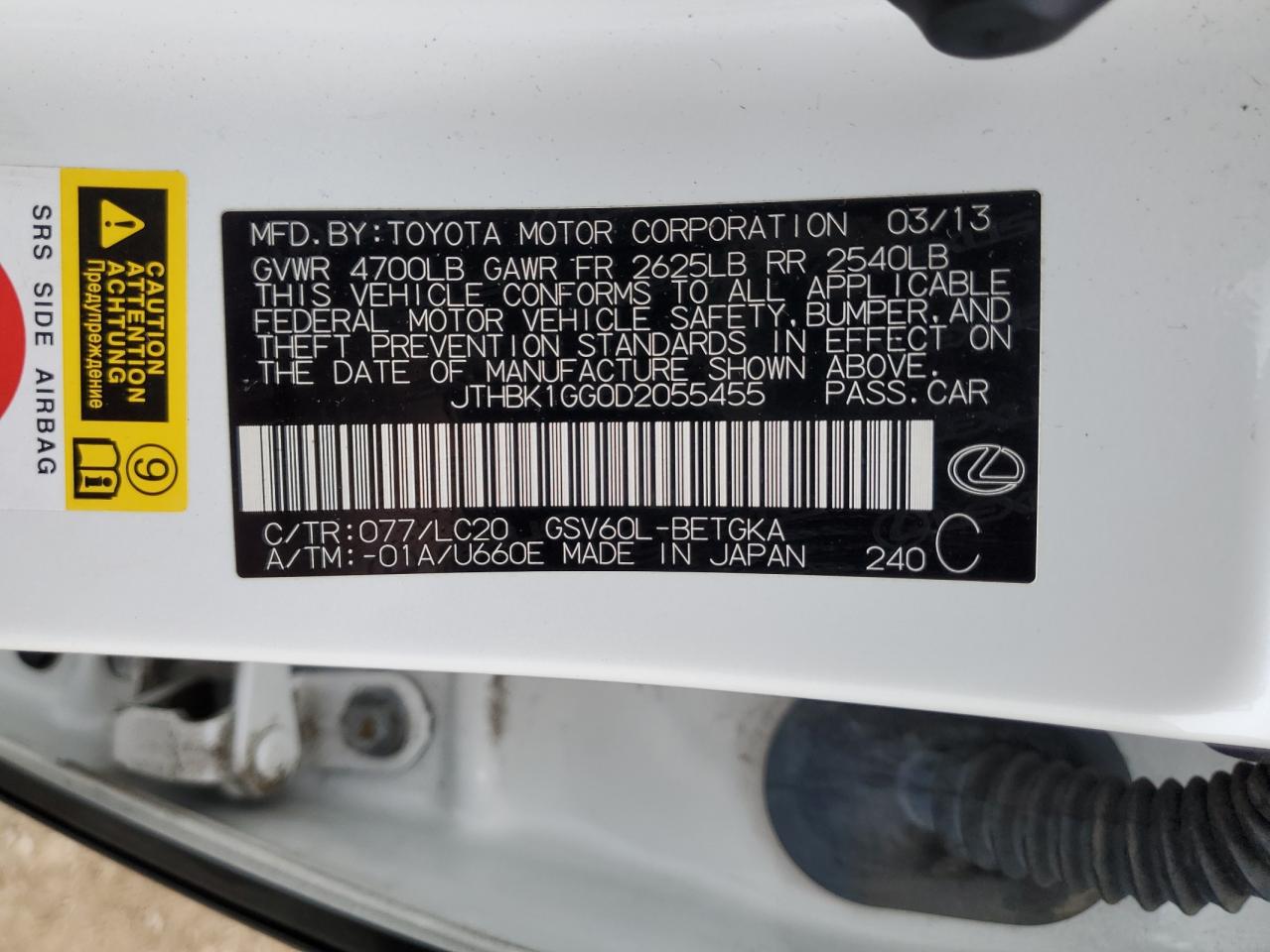 2013 Lexus ES VIN JTHBK1GG0D2055455 Copart auction photo, front end damage thumbnail 14