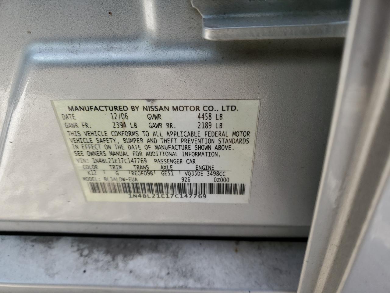 2007 Nissan Altima VIN 1N4BL21E17C147769 Copart auction photo, vandalism damage thumbnail 12