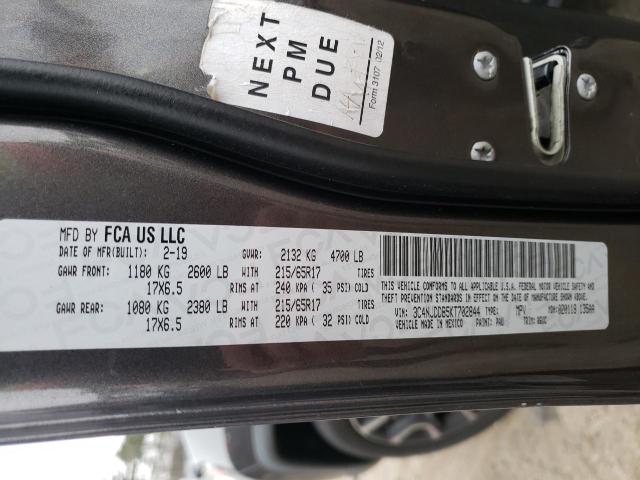 2019 Jeep Compass VIN 3C4NJDDB5KT702844 Copart auction photo, side / front end damage thumbnail 12