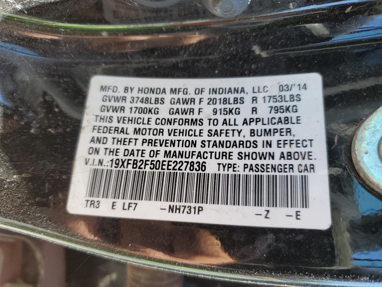 2014 Honda Civic VIN 19XFB2F50EE227836 Copart auction photo, front end damage thumbnail 12