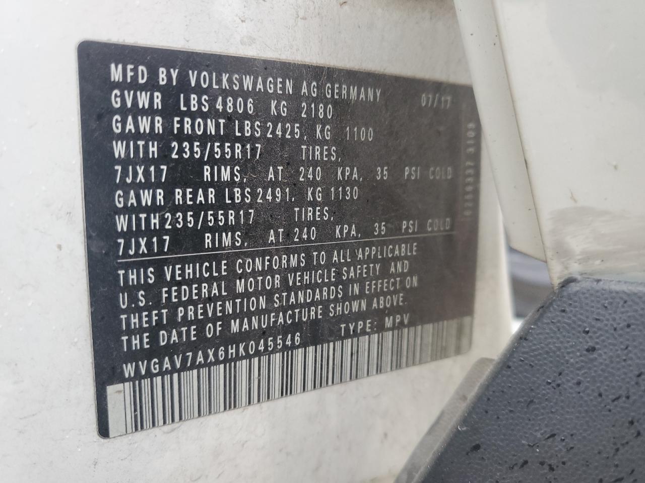2017 Volkswagen Tiguan VIN WVGAV7AX6HK045546 Copart auction photo, rear end / front end damage thumbnail 13