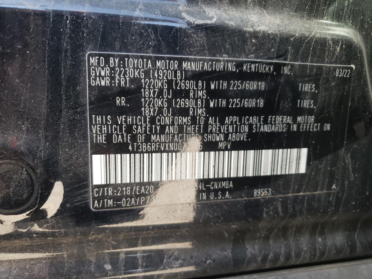 2022 Toyota RAV 4 VIN 4T3B6RFVXNU073796 Copart auction photo, front end / hail damage thumbnail 14