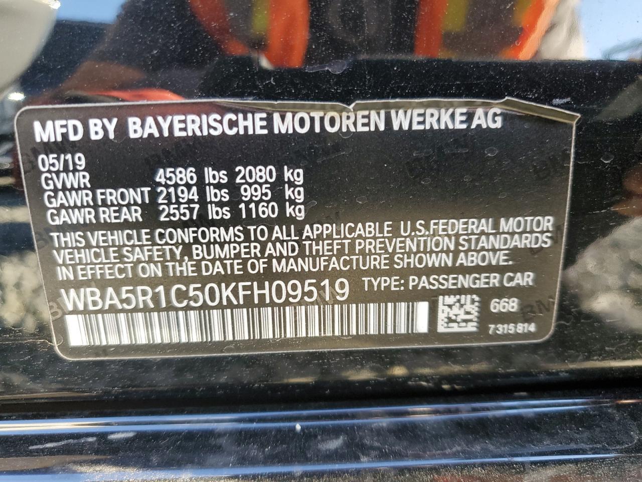 2019 BMW 3er VIN WBA5R1C50KFH09519 Copart auction photo, front end damage thumbnail 13