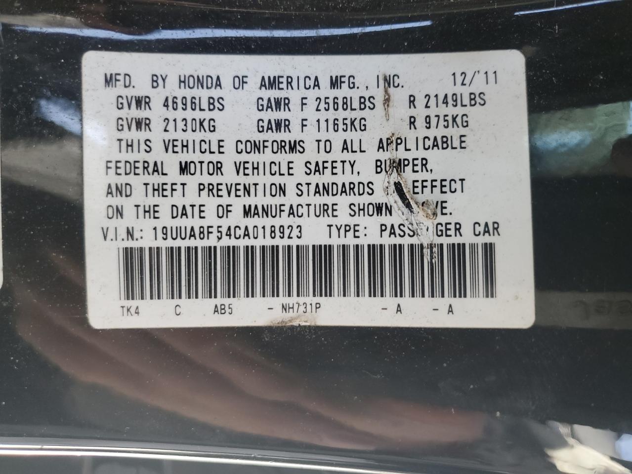 2012 Acura TL VIN 19UUA8F54CA018923 Copart auction photo, all over damage thumbnail 12
