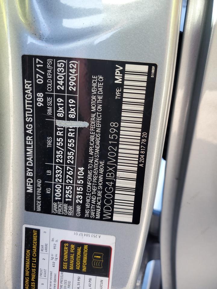 2018 Mercedes-Benz GLC VIN WDC0G4JBXJV021598 Copart auction photo, water/flood damage thumbnail 14