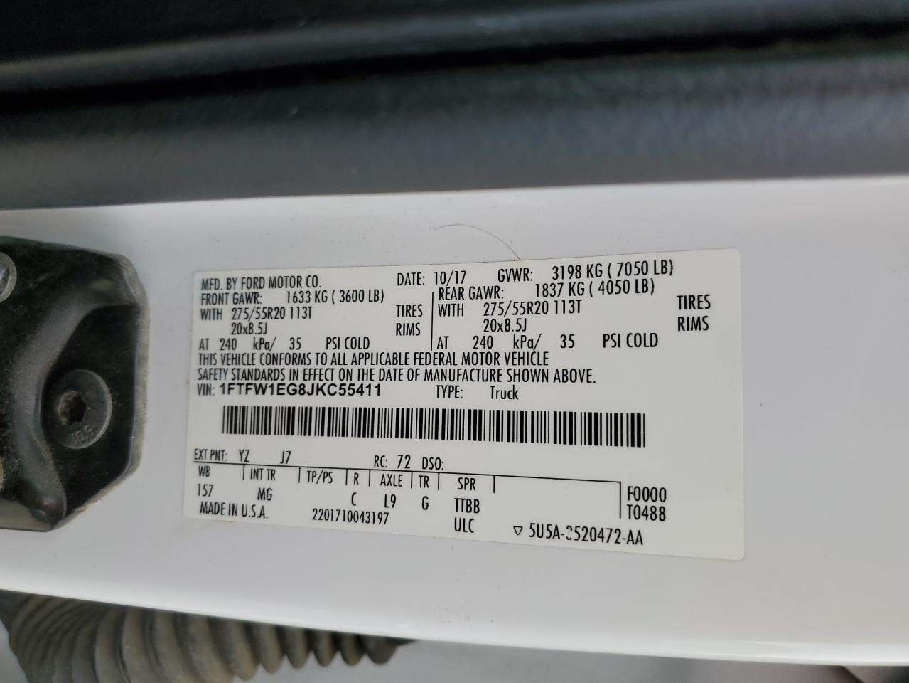 2018 Ford F-150 VIN 1FTFW1EG8JKC55411 Copart auction photo, rear end damage thumbnail 13