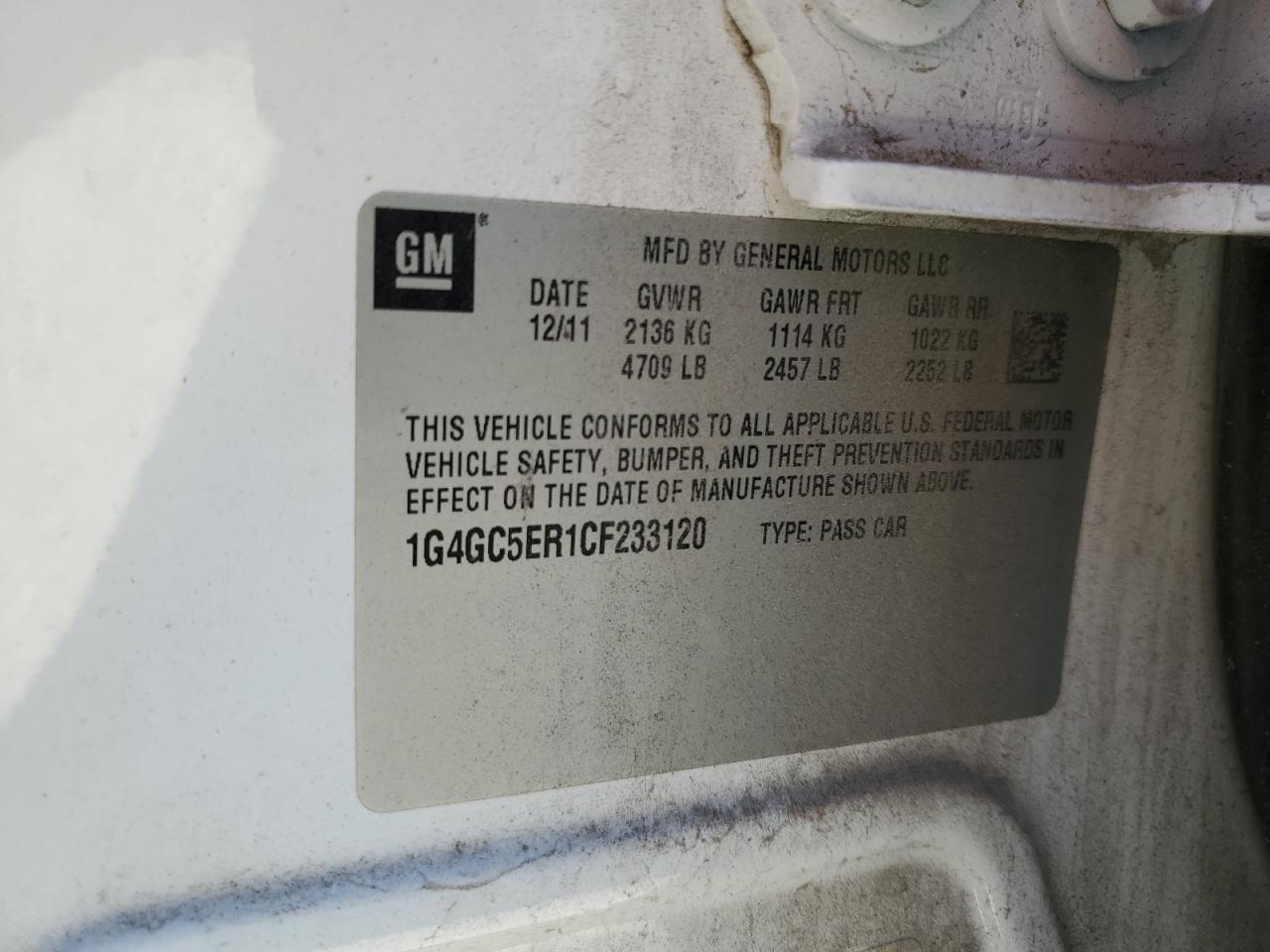 2012 Buick LaCrosse VIN 1G4GC5ER1CF233120 Copart auction photo, rear end damage thumbnail 14