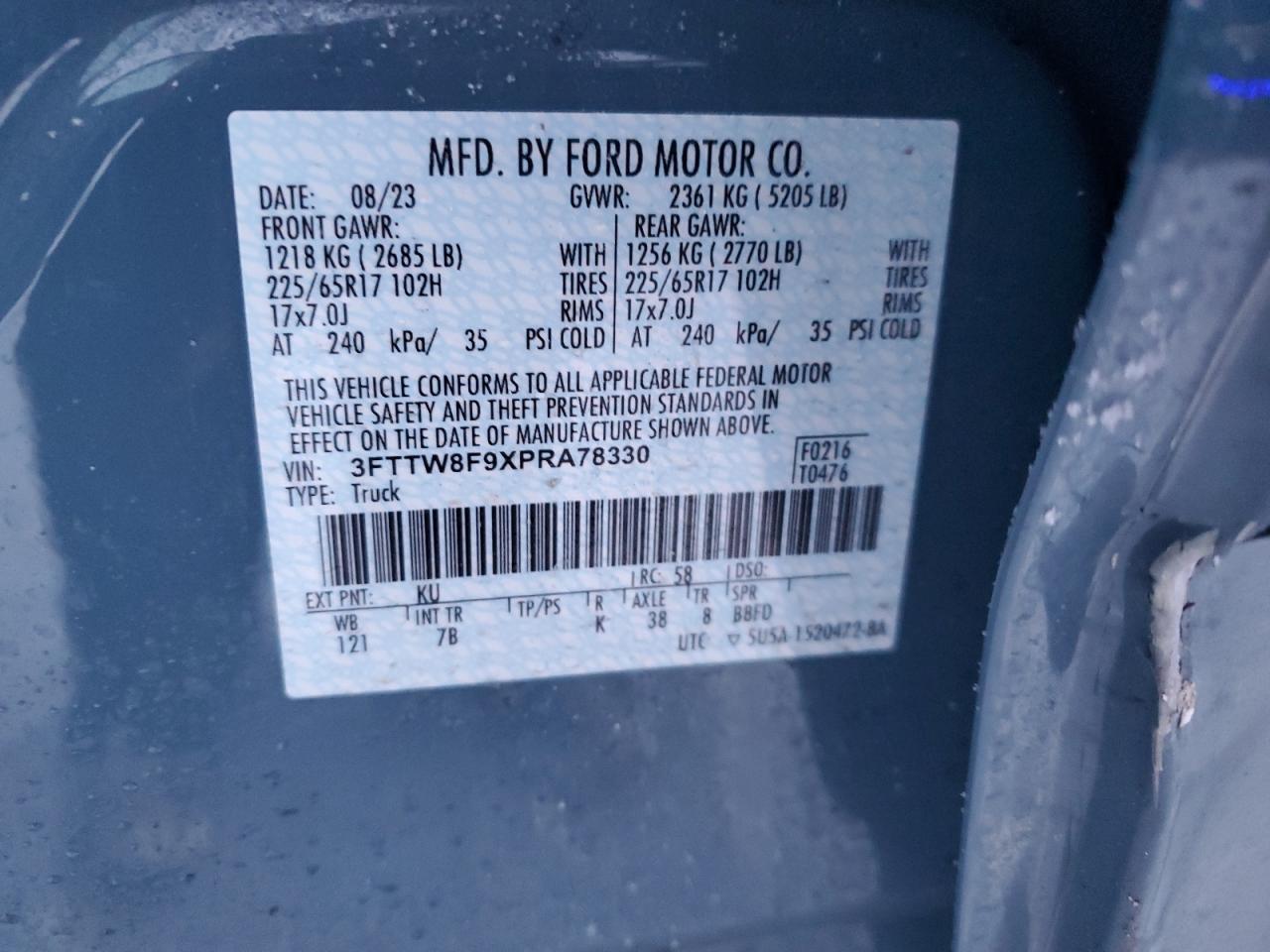 2023 Ford Maverick VIN 3FTTW8F9XPRA78330 Copart auction photo, front end / side damage thumbnail 12