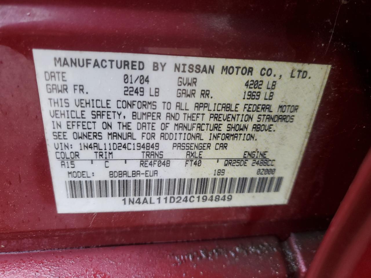 2004 Nissan Altima VIN 1N4AL11D24C194849 Copart auction photo, front end damage thumbnail 12