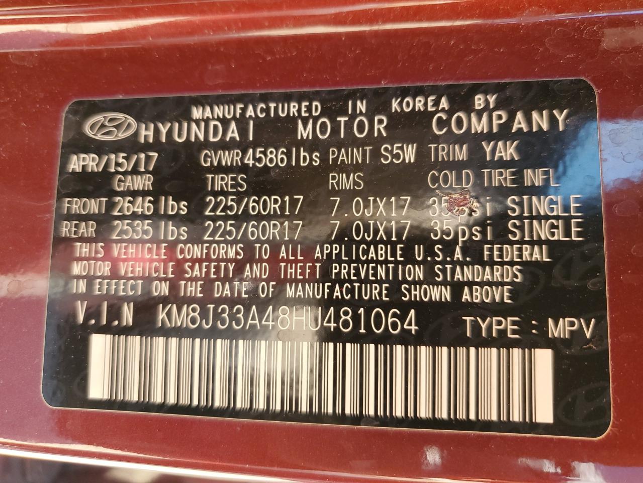 2017 Hyundai Tucson VIN KM8J33A48HU481064 Copart auction photo, mechanical damage thumbnail 13