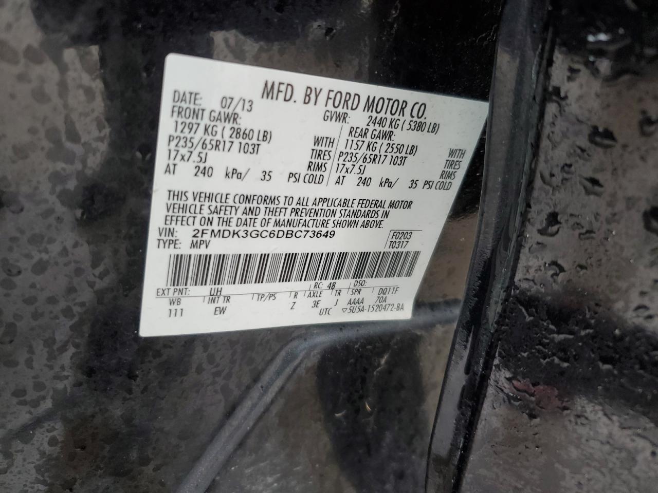 2013 Ford Edge VIN 2FMDK3GC6DBC73649 Copart auction photo, front end damage thumbnail 14