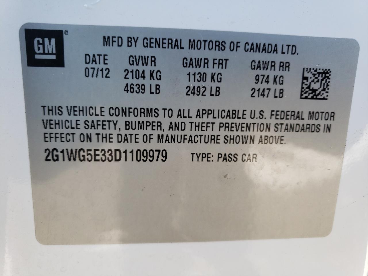 2013 Chevrolet Impala VIN 2G1WG5E33D1109979 Copart auction photo, front end damage thumbnail 12