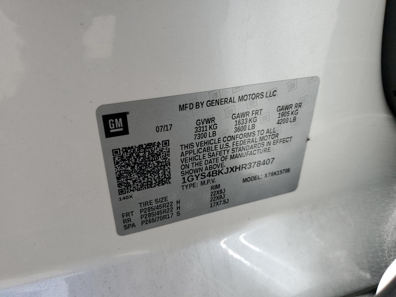 2017 Cadillac Escalade VIN 1GYS4BKJXHR378407 Copart auction photo, front end / side damage thumbnail 15