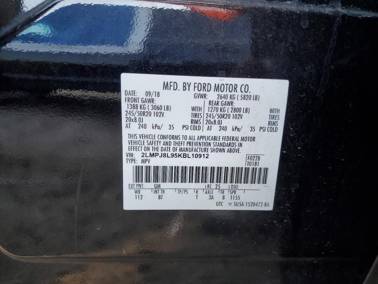 2019 Lincoln Nautilus VIN 2LMPJ8L95KBL10912 Copart auction photo, front end damage thumbnail 13