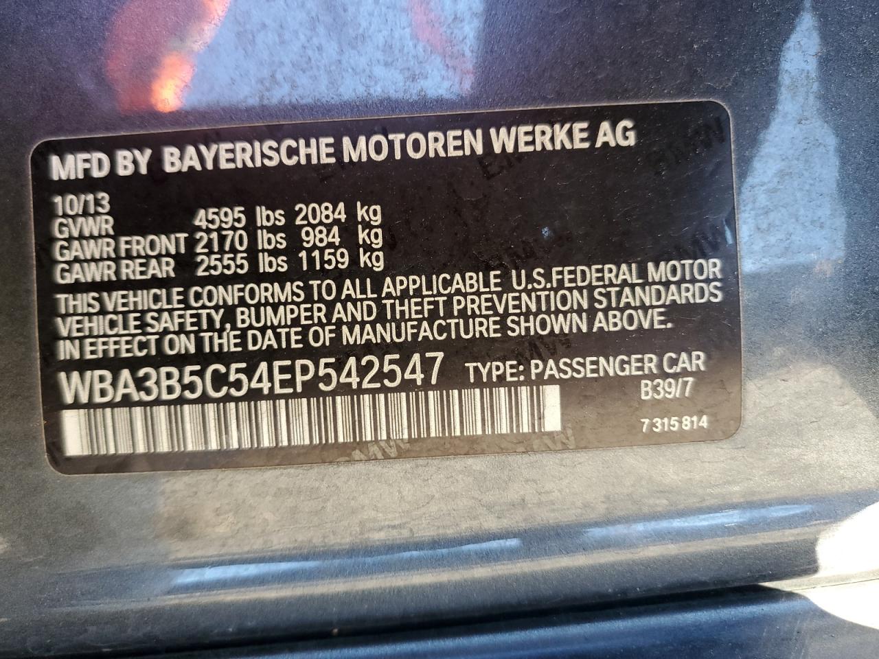 2014 BMW 3er VIN WBA3B5C54EP542547 Copart auction photo, front end / minor dent/scratches damage thumbnail 14