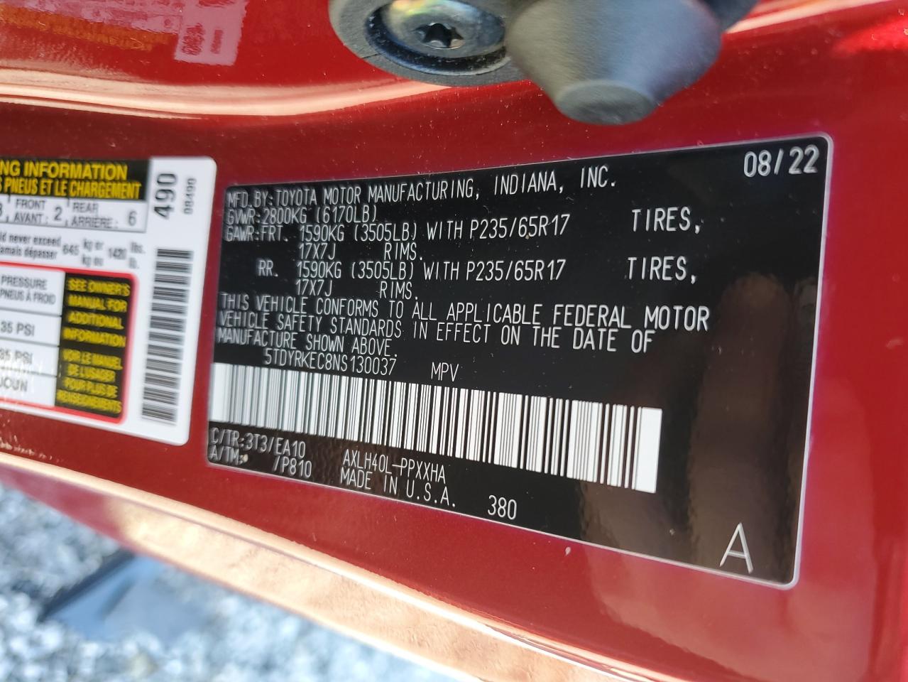 2022 Toyota Sienna VIN 5TDYRKEC8NS130037 Copart auction photo, front end / minor dent/scratches damage thumbnail 16