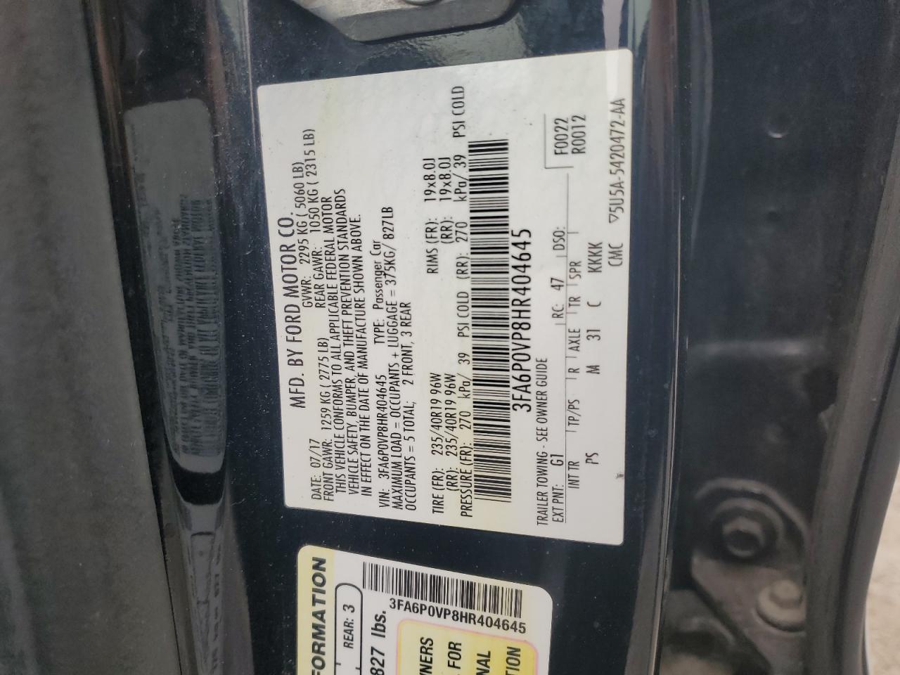 2017 Ford Fusion VIN 3FA6P0VP8HR404645 Copart auction photo, minor dent/scratches damage thumbnail 12