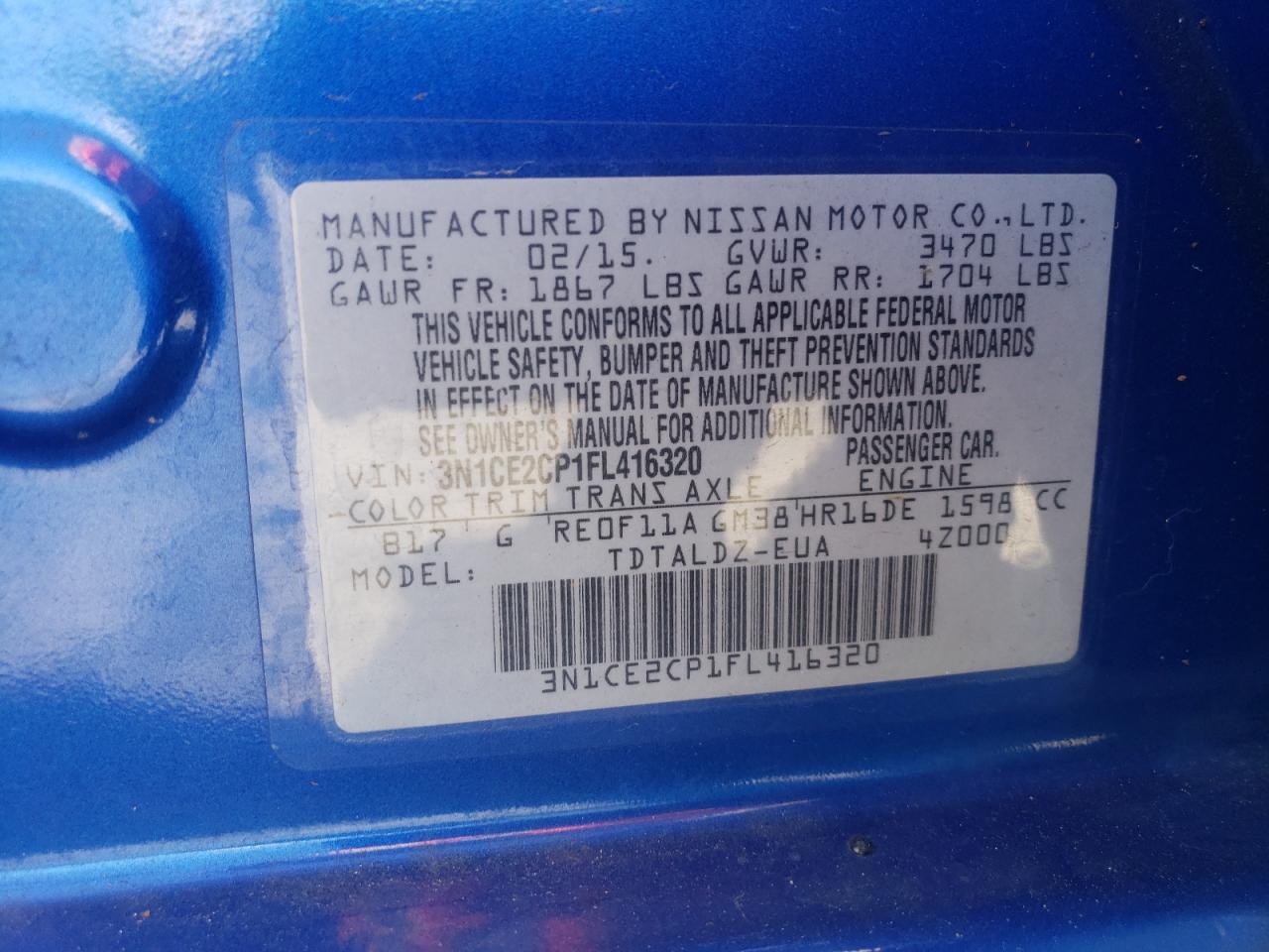 2015 Nissan Versa VIN 3N1CE2CP1FL416320 Copart auction photo, front end damage thumbnail 13