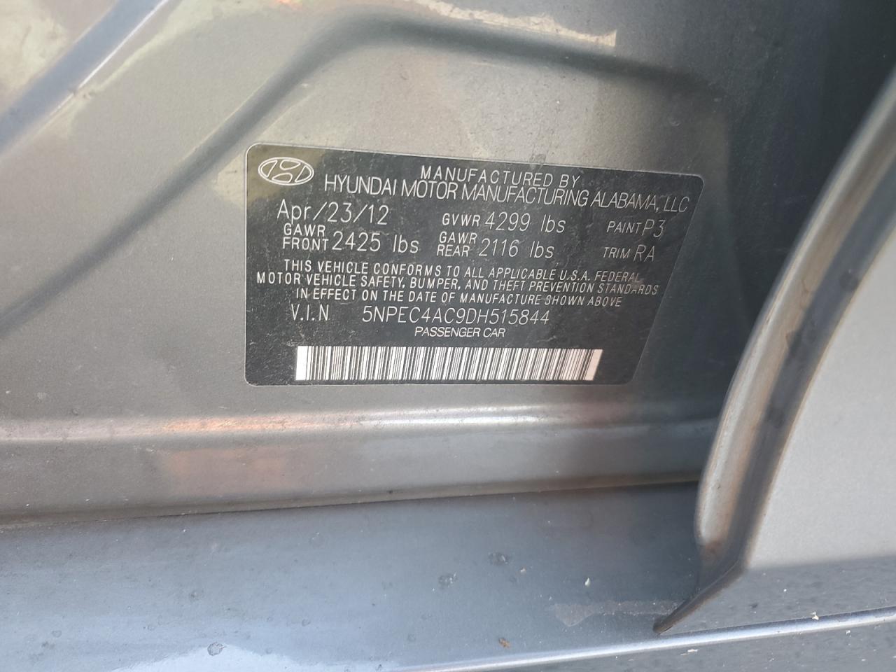 2013 Hyundai Sonata VIN 5NPEC4AC9DH515844 Copart auction photo, front end damage thumbnail 12
