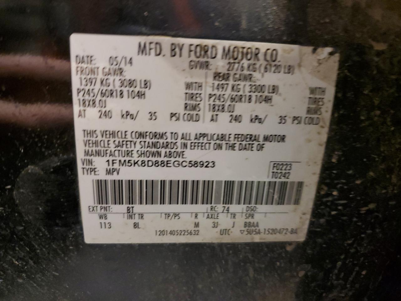 2014 Ford Explorer VIN 1FM5K8D88EGC58923 Copart auction photo, all over / mechanical damage thumbnail 15