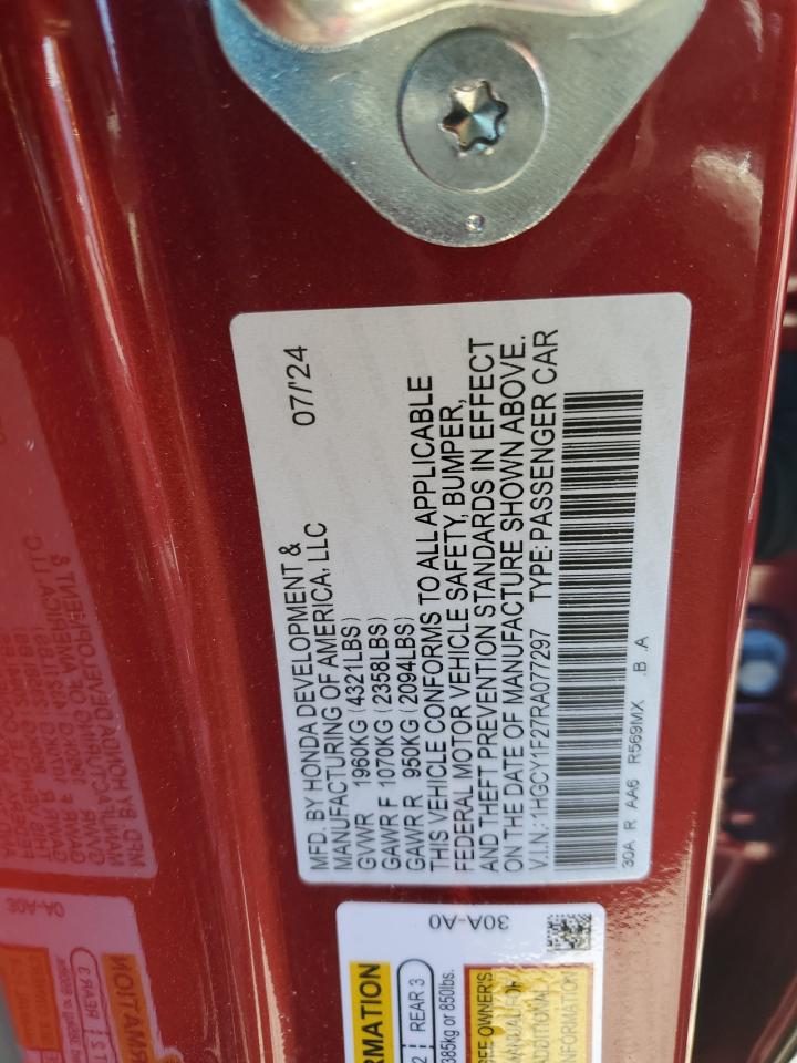 2024 Honda Accord VIN 1HGCY1F27RA077297 Copart auction photo, rear end damage thumbnail 14