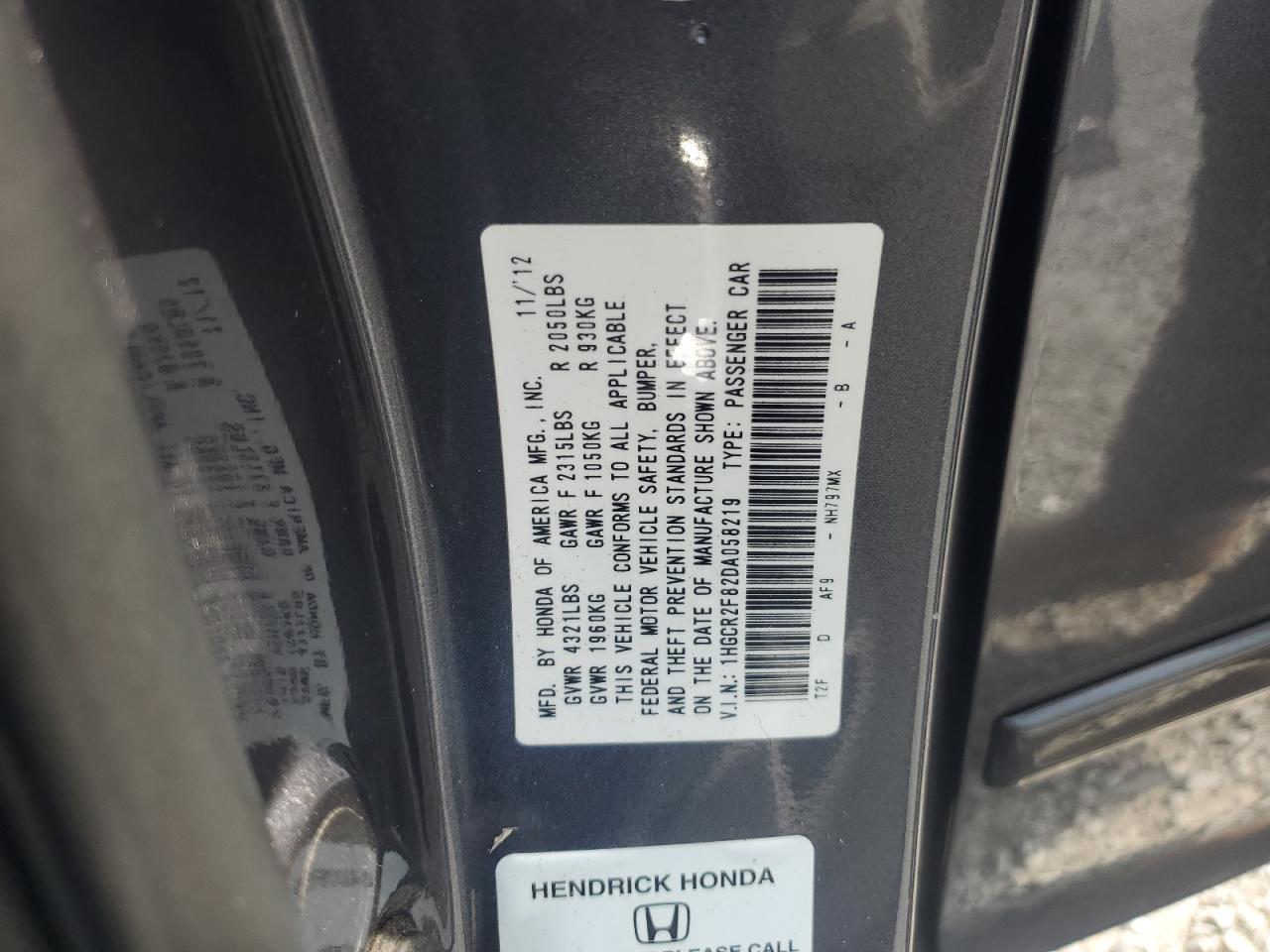 2013 Honda Accord VIN 1HGCR2F82DA058219 Copart auction photo, front end damage thumbnail 14