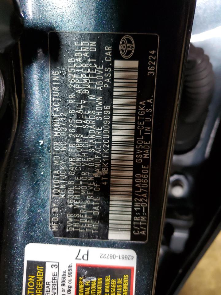 2012 Toyota Camry VIN 4T1BK1FK2CU009096 Copart auction photo, rear end / front end damage thumbnail 12