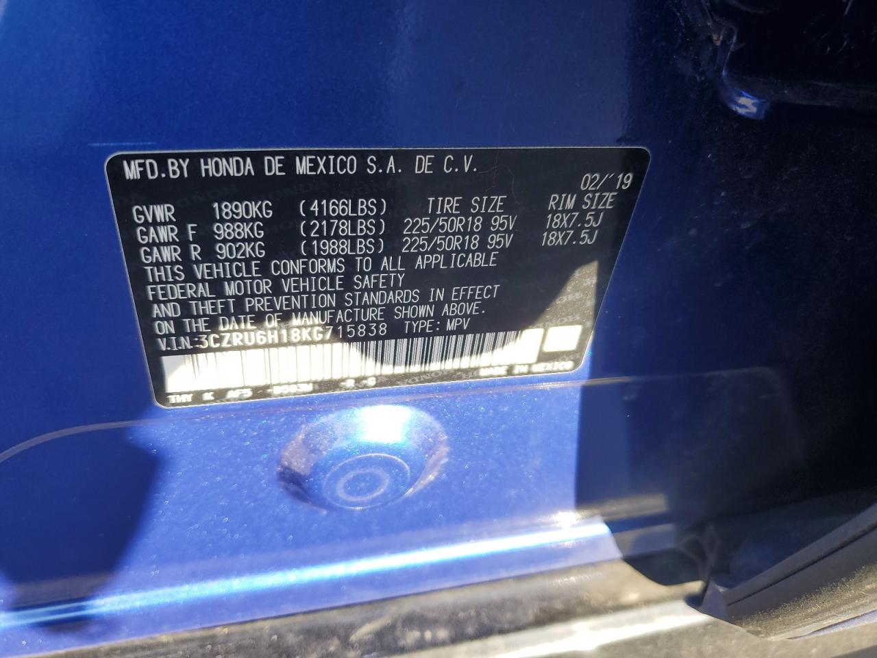 2019 Honda HR-V VIN 3CZRU6H18KG715838 Copart auction photo, rear end / side damage thumbnail 13